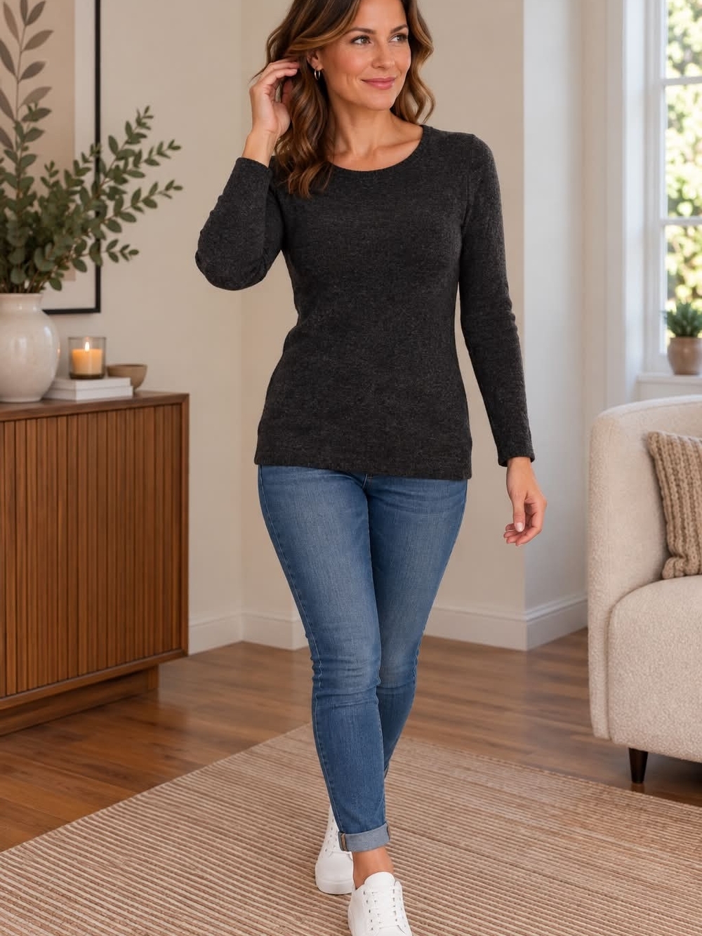 Lord & Taylor Charcoal Crewneck Long-Sleeve Knit Top 💯%Cashmere